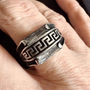 Sterling Silver 925 Greek Key Baguette Band Ring Sz 11.5 Mens Statement CMZ